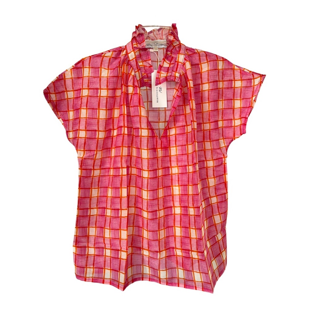 NWT NEVER A WALLFLOWER Vicki SS Top, Watercolor Plaid, Silk Blend